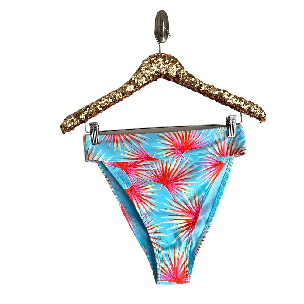 NWT Xhilaration High Leg High Waist Bikini Bottom Blue Tropical Floral Palm